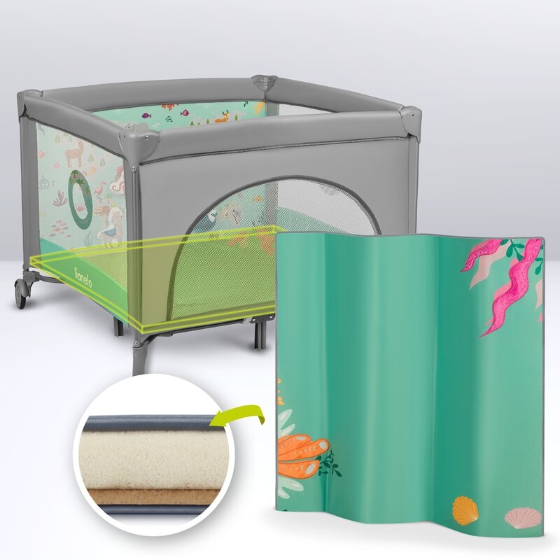 Lionelo - Tarc de joaca, Pliabil, Include covor educational incorporat cu 4 jucarii Velcro si geanta de transport, Cu roti si inchidere laterala, Saltea din spuma, 100x100 cm, Verde Lionelo - Tarc de joaca, Pliabil, Include covor educational incorporat cu 4 jucarii Velcro si geanta de transport, Cu roti si inchidere laterala, Saltea din spuma, 100x100 cm, Verde