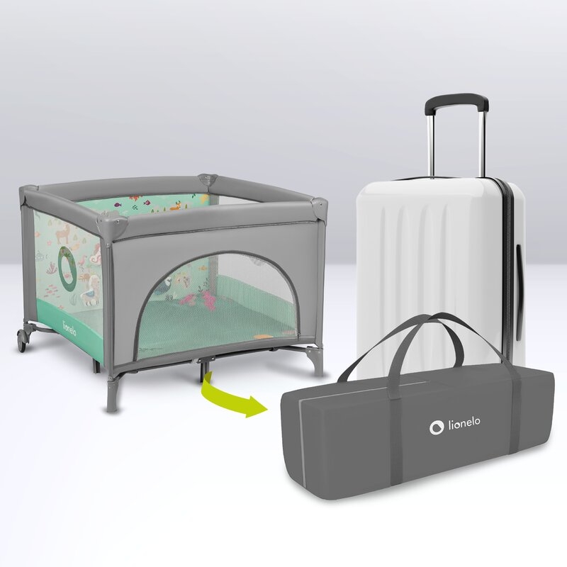 Lionelo - Tarc de joaca, Pliabil, Include covor educational incorporat cu 4 jucarii Velcro si geanta de transport, Cu roti si inchidere laterala, Saltea din spuma, 100x100 cm, Verde Lionelo - Tarc de joaca, Pliabil, Include covor educational incorporat cu 4 jucarii Velcro si geanta de transport, Cu roti si inchidere laterala, Saltea din spuma, 100x100 cm, Verde