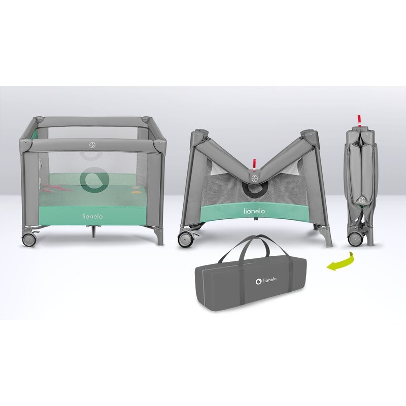 Lionelo - Tarc de joaca, Pliabil, Include covor educational incorporat cu 4 jucarii Velcro si geanta de transport, Cu roti si inchidere laterala, Saltea din spuma, 100x100 cm, Verde Lionelo - Tarc de joaca, Pliabil, Include covor educational incorporat cu 4 jucarii Velcro si geanta de transport, Cu roti si inchidere laterala, Saltea din spuma, 100x100 cm, Verde
