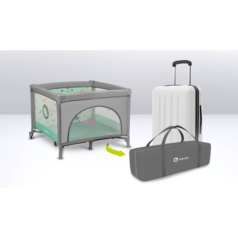 Lionelo - Tarc de joaca, Pliabil, Include covor educational incorporat cu 4 jucarii Velcro si geanta de transport, Cu roti si inchidere laterala, Saltea din spuma, 100x100 cm, Verde Lionelo - Tarc de joaca, Pliabil, Include covor educational incorporat cu 4 jucarii Velcro si geanta de transport, Cu roti si inchidere laterala, Saltea din spuma, 100x100 cm, Verde