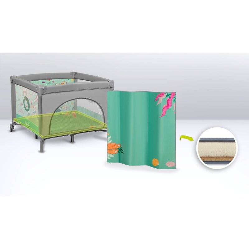 Lionelo - Tarc de joaca, Pliabil, Include covor educational incorporat cu 4 jucarii Velcro si geanta de transport, Cu roti si inchidere laterala, Saltea din spuma, 100x100 cm, Verde Lionelo - Tarc de joaca, Pliabil, Include covor educational incorporat cu 4 jucarii Velcro si geanta de transport, Cu roti si inchidere laterala, Saltea din spuma, 100x100 cm, Verde