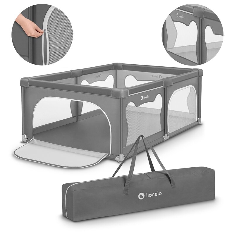 Lionelo - Tarc de joaca Willow, Pliere compacta, Include sacosa depozitare, Din plasa, Cu doua intrari laterale, Cu fermoar, Cu ventuze, Gri