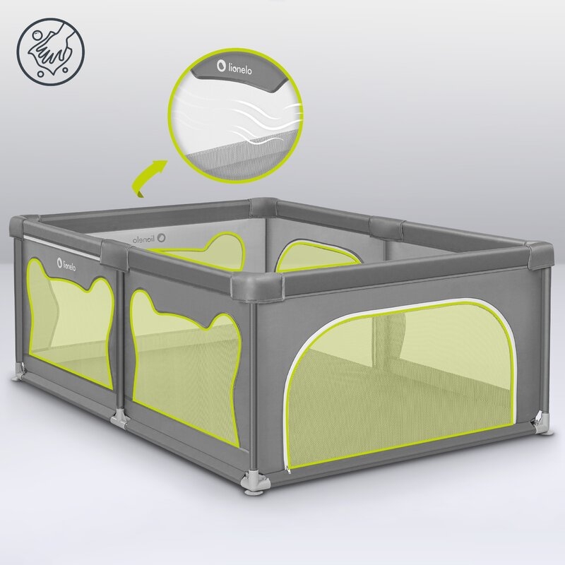 Lionelo - Tarc de joaca Willow, Pliere compacta, Include sacosa depozitare, Din plasa, Cu doua intrari laterale, Cu fermoar, Cu ventuze, Gri
