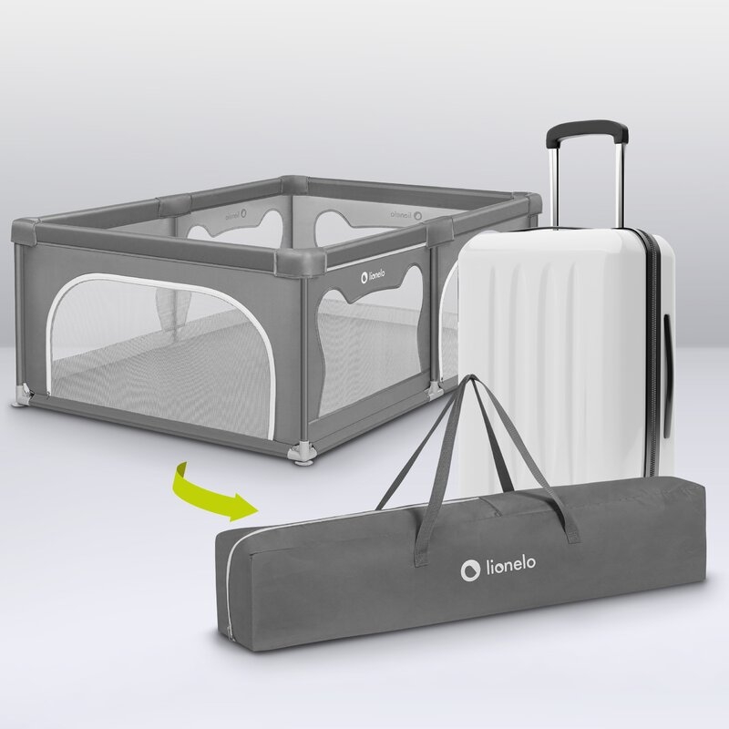 Lionelo - Tarc de joaca Willow, Pliere compacta, Include sacosa depozitare, Din plasa, Cu doua intrari laterale, Cu fermoar, Cu ventuze, Gri