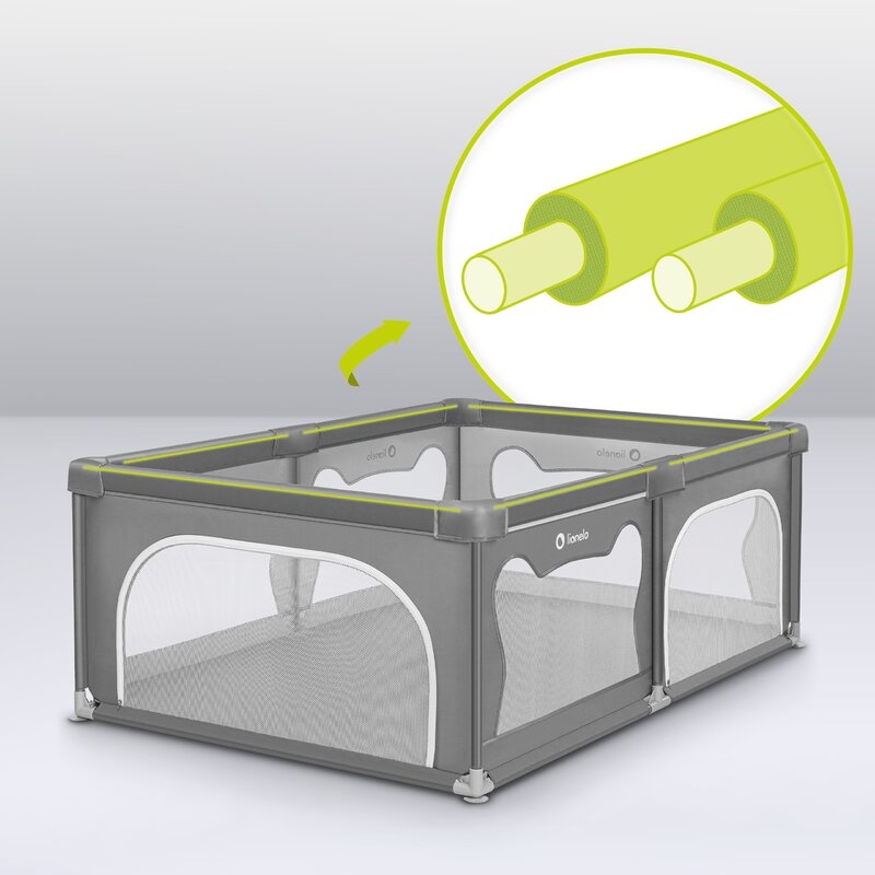 Lionelo - Tarc de joaca Willow, Pliere compacta, Include sacosa depozitare, Din plasa, Cu doua intrari laterale, Cu fermoar, Cu ventuze, Gri