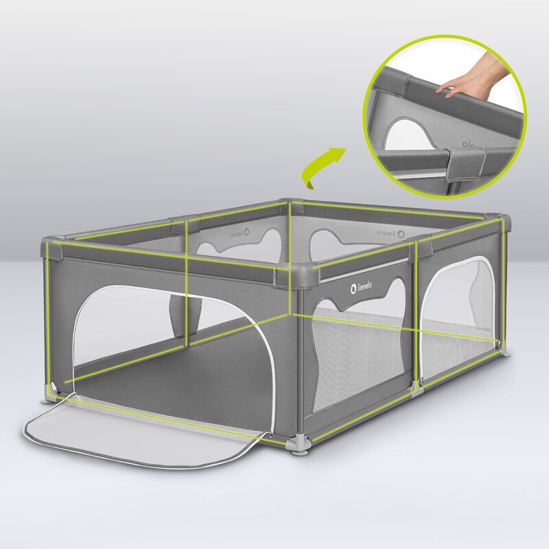 Lionelo - Tarc de joaca Willow, Pliere compacta, Include sacosa depozitare, Din plasa, Cu doua intrari laterale, Cu fermoar, Cu ventuze, Gri