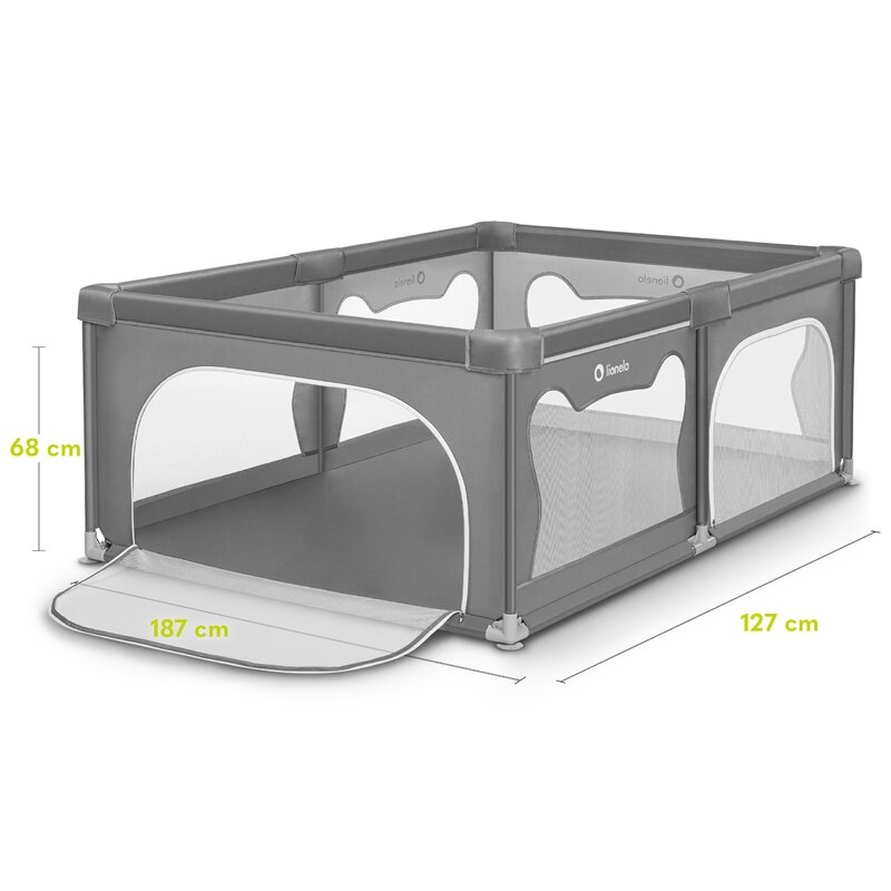 Lionelo - Tarc de joaca Willow, Pliere compacta, Include sacosa depozitare, Din plasa, Cu doua intrari laterale, Cu fermoar, Cu ventuze, Gri