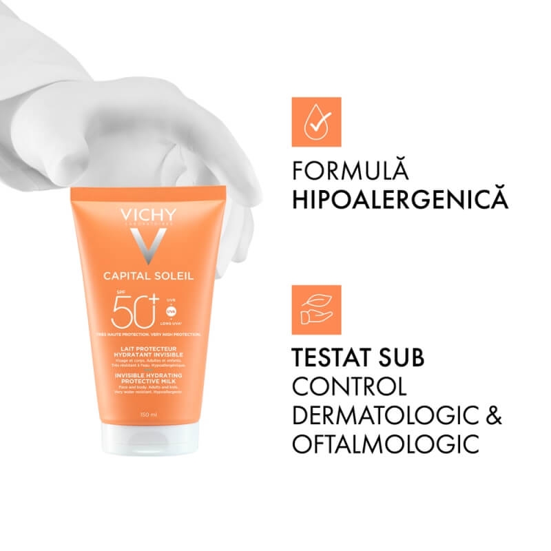 Lotiune hidratanta invizibila pentru fata si corp, SPF 50+ Capital Soleil, 150 ml, Vichy Lotiune hidratanta invizibila pentru fata si corp, SPF 50+ Capital Soleil, 150 ml, Vichy