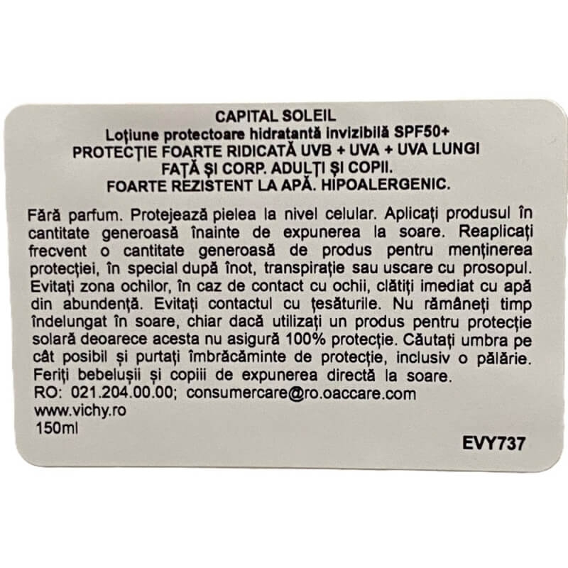 Lotiune hidratanta invizibila pentru fata si corp, SPF 50+ Capital Soleil, 150 ml, Vichy Lotiune hidratanta invizibila pentru fata si corp, SPF 50+ Capital Soleil, 150 ml, Vichy