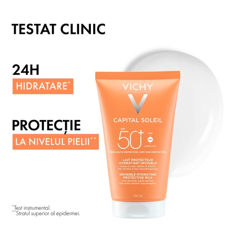 Lotiune hidratanta invizibila pentru fata si corp, SPF 50+ Capital Soleil, 150 ml, Vichy Lotiune hidratanta invizibila pentru fata si corp, SPF 50+ Capital Soleil, 150 ml, Vichy