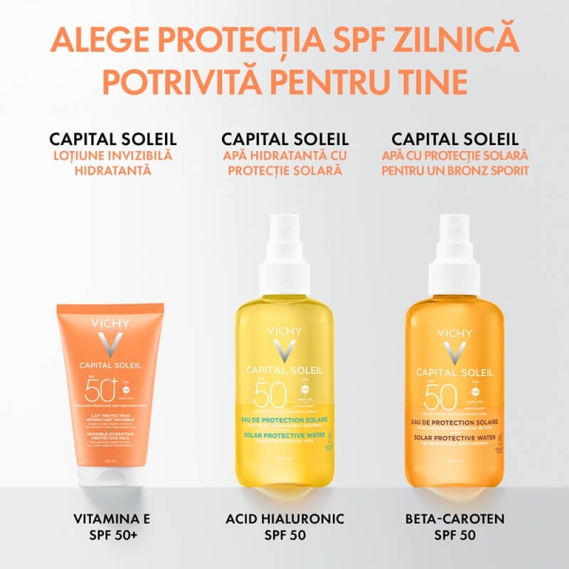Lotiune hidratanta invizibila pentru fata si corp, SPF 50+ Capital Soleil, 150 ml, Vichy Lotiune hidratanta invizibila pentru fata si corp, SPF 50+ Capital Soleil, 150 ml, Vichy