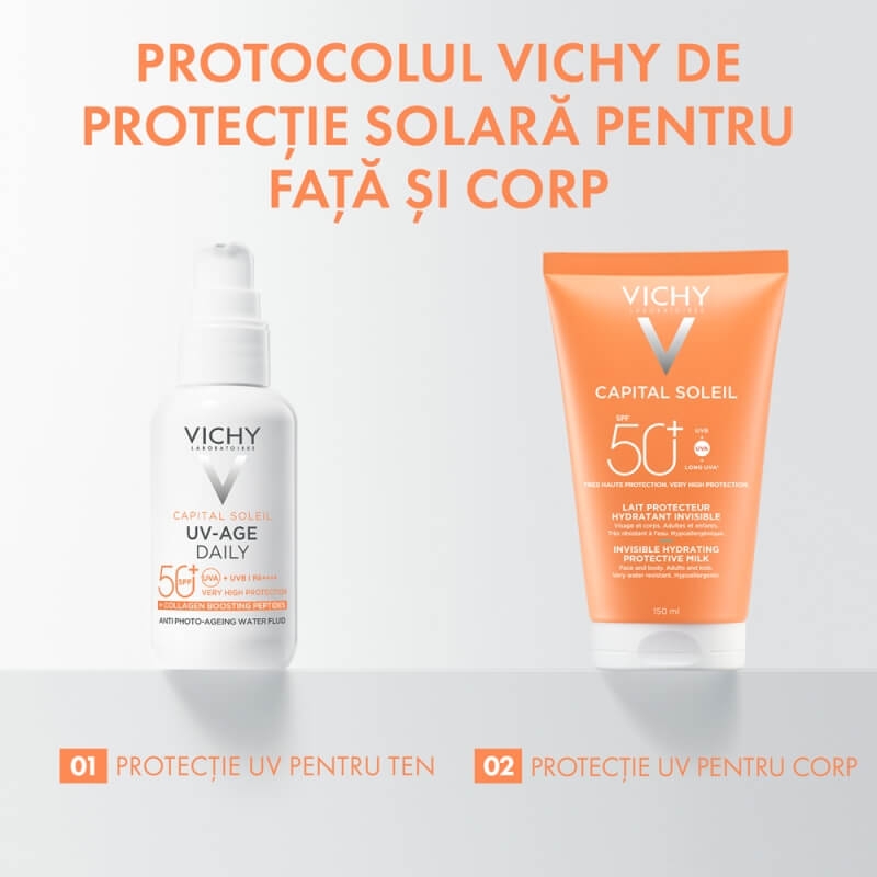 Lotiune hidratanta invizibila pentru fata si corp, SPF 50+ Capital Soleil, 150 ml, Vichy Lotiune hidratanta invizibila pentru fata si corp, SPF 50+ Capital Soleil, 150 ml, Vichy