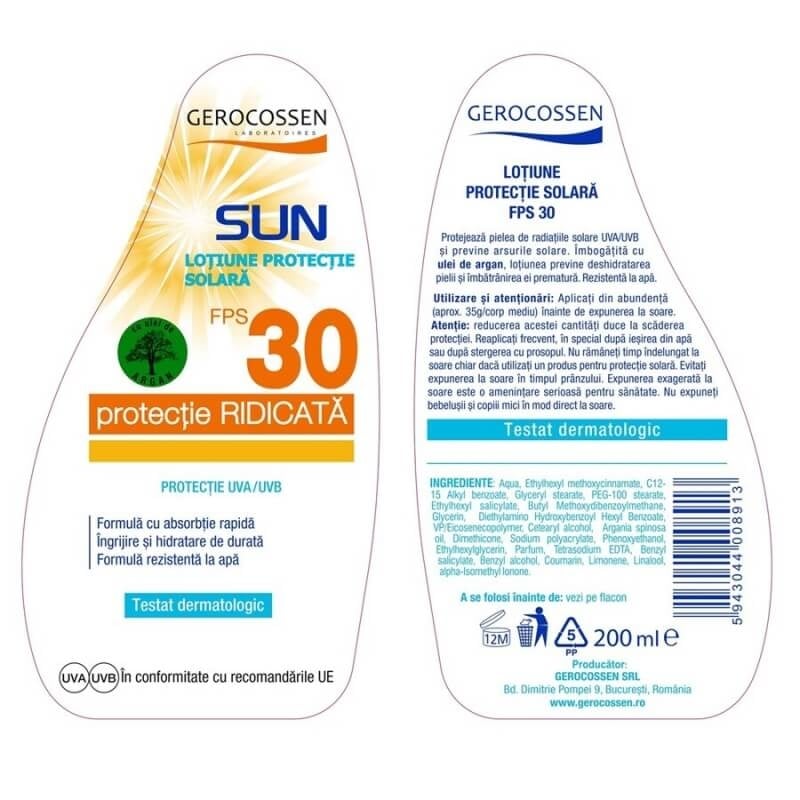 Lotiune pentru protectie solara SPF 30 Sun, 200 ml, Gerocossen Lotiune pentru protectie solara SPF 30 Sun, 200 ml, Gerocossen