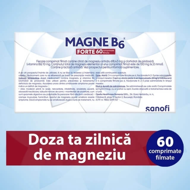Magne B6 Forte 100 mg/10 mg, 60 comprimate filmate, Sanofi Magne B6 Forte 100 mg/10 mg, 60 comprimate filmate, Sanofi