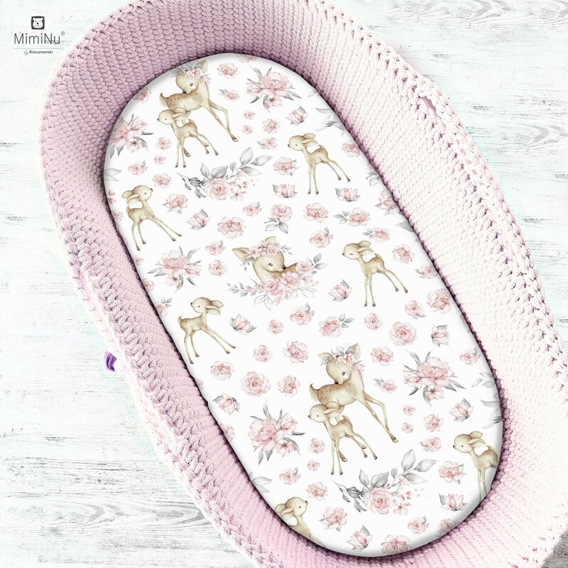 MimiNu - Cearceaf cu elastic pentru landou, carucior si cosulet, Dimensiune 80x45 cm, Din bumbac, Sweet Deer Pink MimiNu - Cearceaf cu elastic pentru landou, carucior si cosulet, Dimensiune 80x45 cm, Din bumbac, Sweet Deer Pink