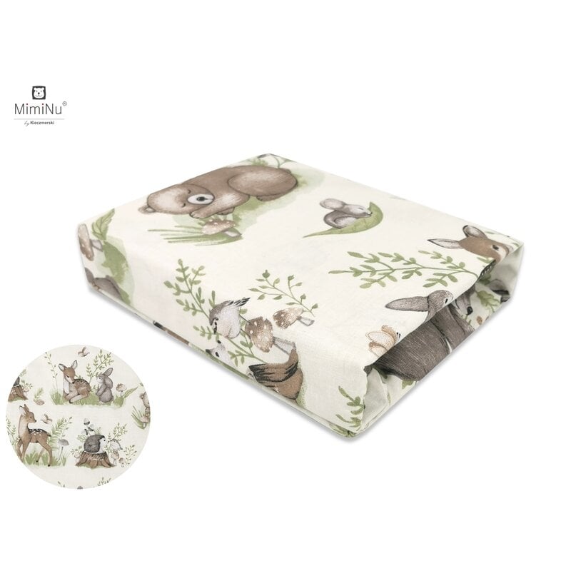 Cearceaf cu elastic pentru patut leagan sau patut co-sleeper, Dimensiune 90x40 cm, Din bumbac, Design, Calm Forest Natural, MimiNu Cearceaf cu elastic pentru patut leagan sau patut co-sleeper, Dimensiune 90x40 cm, Din bumbac, Design, Calm Forest Natural, MimiNu