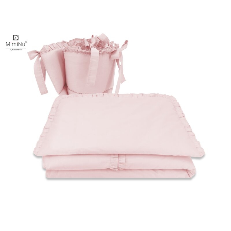 Lenjerie patut cu 4 piese, Cu doua protectii laterale, Cu volanase, Colectia Royal, Powder Pink, Din bumbac, Pentru patut 120x60 cm, MimiNu Lenjerie patut cu 4 piese, Cu doua protectii laterale, Cu volanase, Colectia Royal, Powder Pink, Din bumbac, Pentru patut 120x60 cm, MimiNu
