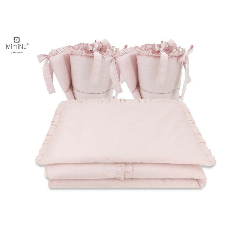Lenjerie patut cu 4 piese, Cu doua protectii laterale, Cu volanase, Colectia Royal, Powder Pink, Din bumbac, Pentru patut 120x60 cm, MimiNu Lenjerie patut cu 4 piese, Cu doua protectii laterale, Cu volanase, Colectia Royal, Powder Pink, Din bumbac, Pentru patut 120x60 cm, MimiNu