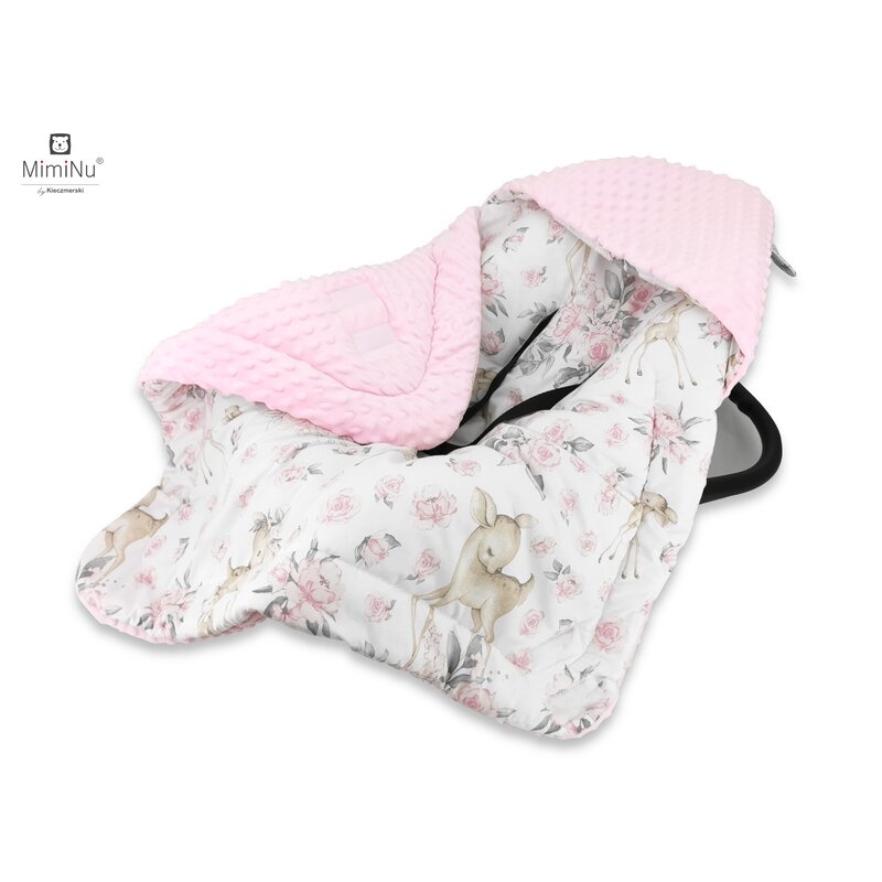 Paturica de infasat pentru scoica, scaun auto/carucior, Cu gluga si urechi, Cu sistem de prindere pe baza de velcro, Dimensiune 90x90 cm, Din tesatura pufoasa Minky + Bumbac, Sweet Deer Pink, MimiNu Paturica de infasat pentru scoica, scaun auto/carucior, Cu gluga si urechi, Cu sistem de prindere pe baza de velcro, Dimensiune 90x90 cm, Din tesatura pufoasa Minky + Bumbac, Sweet Deer Pink, MimiNu