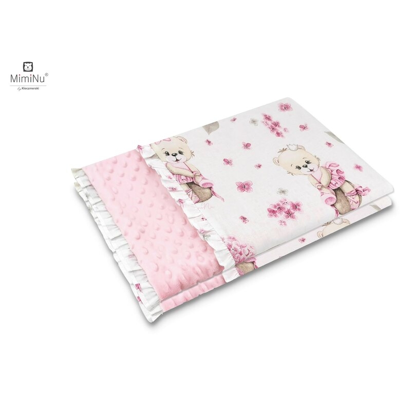 Paturica pufoasa cu doua fete, Cu volanas, Dimensiune 75x100 cm, Din tesatura minky si bumbac, Design, Pink Ballerina, MimiNu Paturica pufoasa cu doua fete, Cu volanas, Dimensiune 75x100 cm, Din tesatura minky si bumbac, Design, Pink Ballerina, MimiNu