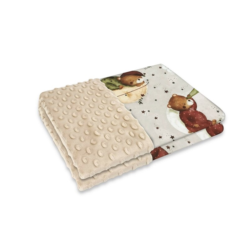 MimiNu - Paturica pufoasa cu doua fete, Dimensiune 75x100 cm, Din tesatura Minky si bumbac, Materiale certificate Oeko Tex Standard 100, Teddy Bear On Moon MimiNu - Paturica pufoasa cu doua fete, Dimensiune 75x100 cm, Din tesatura Minky si bumbac, Materiale certificate Oeko Tex Standard 100, Teddy Bear On Moon