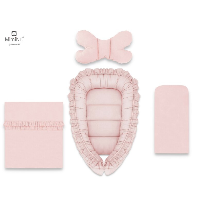 Set 4 in 1 Cosulet bebelus Baby Cocoon 90x50 cm, Cu volanase, Husa 100% bumbac, Cu paturica cu volanase 50x70 cm, Cu salteluta 60x32 cm, Cu perna fluture 40x27 cm, Colectia Royal, Powder Pink, MimiNu