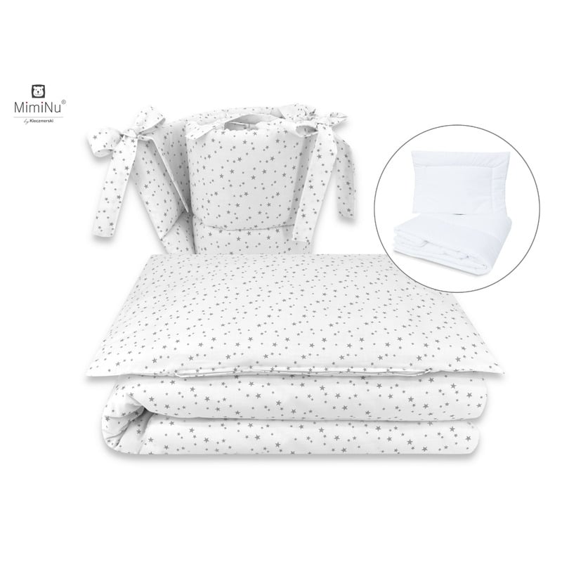 Set lenjerie patut 5 piese, Cu pilota si perna, Din bumbac certificat Oeko Tex Standard 100, Pentru patut 120x60 cm, Mini Gray Stars, MimiNu Set lenjerie patut 5 piese, Cu pilota si perna, Din bumbac certificat Oeko Tex Standard 100, Pentru patut 120x60 cm, Mini Gray Stars, MimiNu