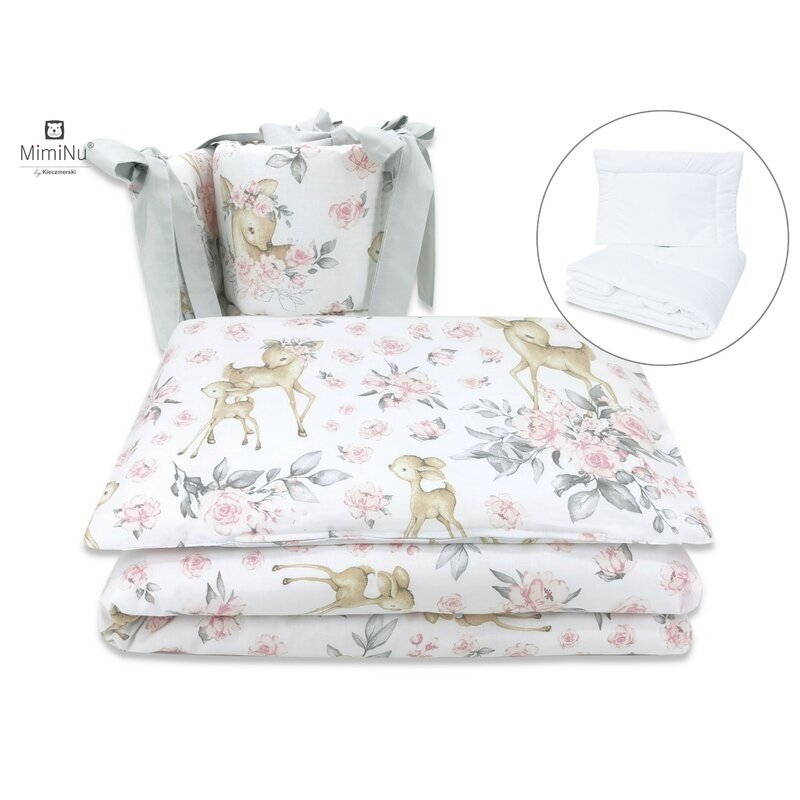 Set lenjerie patut 5 piese, Cu pilota si perna, Din bumbac, Pentru patut 120x60 cm, Sweet Deer Pink, MimiNu