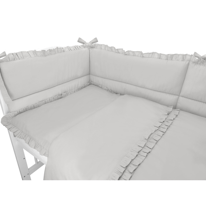 MimiNu - Set lenjerie patut 5 piese, Cu volanase, Cu pilota si perna, Din bumbac certificat Oeko Tex Standard 100, Pentru patut 120x60 cm, Colectia Royal, Grey MimiNu - Set lenjerie patut 5 piese, Cu volanase, Cu pilota si perna, Din bumbac certificat Oeko Tex Standard 100, Pentru patut 120x60 cm, Colectia Royal, Grey