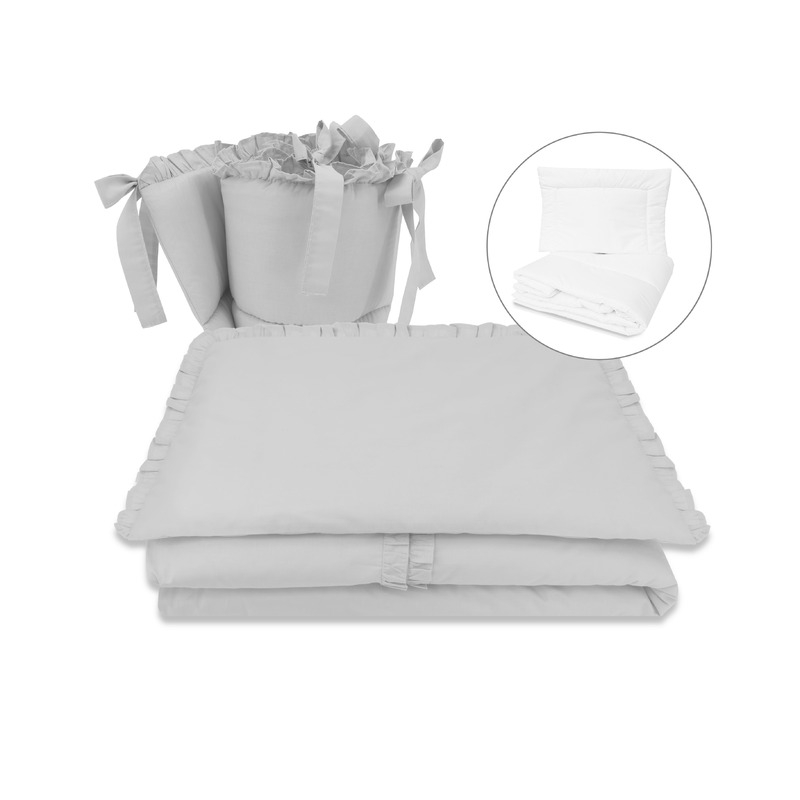 MimiNu - Set lenjerie patut 5 piese, Cu volanase, Cu pilota si perna, Din bumbac certificat Oeko Tex Standard 100, Pentru patut 120x60 cm, Colectia Royal, Grey MimiNu - Set lenjerie patut 5 piese, Cu volanase, Cu pilota si perna, Din bumbac certificat Oeko Tex Standard 100, Pentru patut 120x60 cm, Colectia Royal, Grey