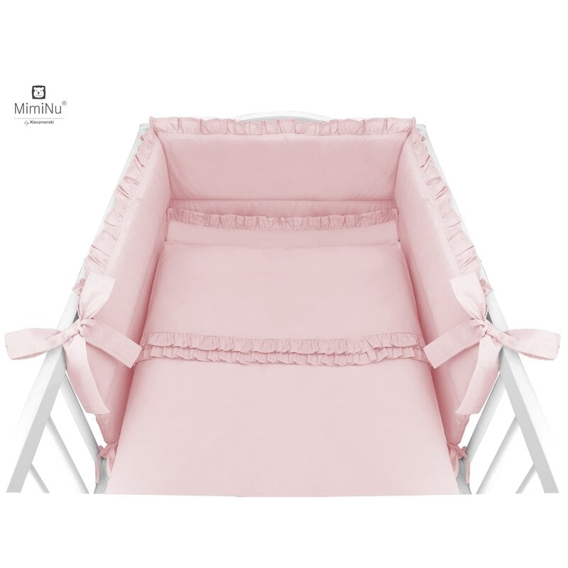 MimiNu - Set lenjerie patut 5 piese, Cu volanase, Cu pilota si perna, Din bumbac, Pentru patut 120x60 cm, Colectia Royal, Powder Pink MimiNu - Set lenjerie patut 5 piese, Cu volanase, Cu pilota si perna, Din bumbac, Pentru patut 120x60 cm, Colectia Royal, Powder Pink