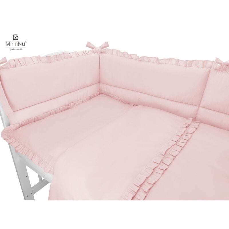 MimiNu - Set lenjerie patut 5 piese, Cu volanase, Cu pilota si perna, Din bumbac, Pentru patut 120x60 cm, Colectia Royal, Powder Pink MimiNu - Set lenjerie patut 5 piese, Cu volanase, Cu pilota si perna, Din bumbac, Pentru patut 120x60 cm, Colectia Royal, Powder Pink