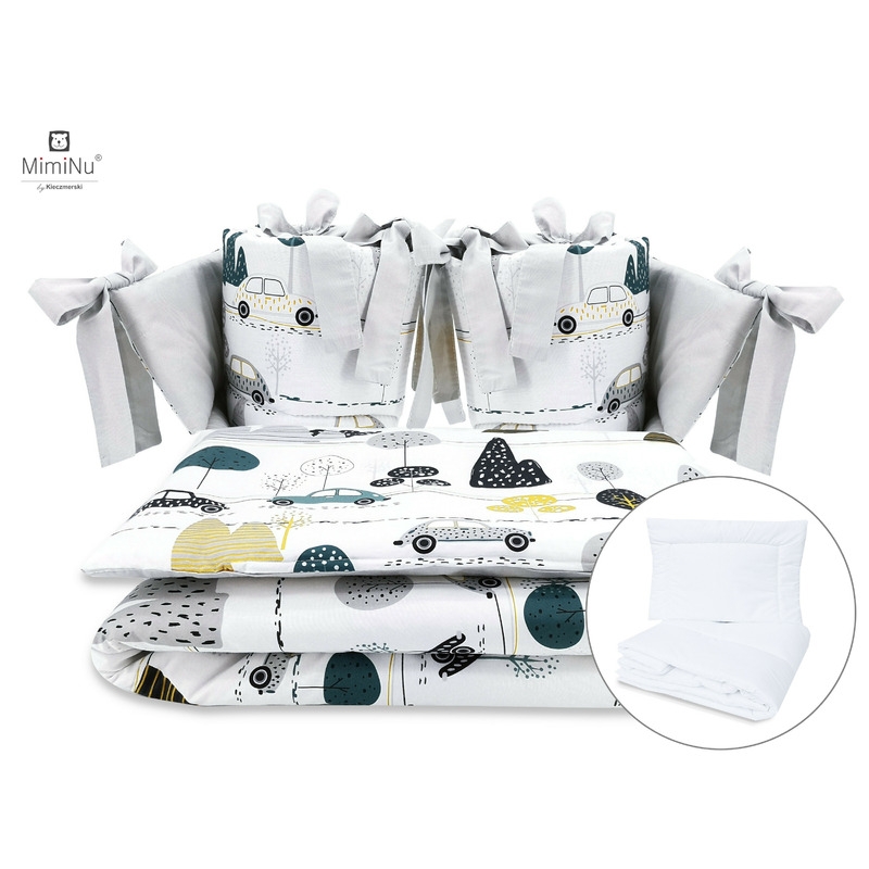 Set lenjerie patut cu 6 piese, Cu pilota si perna, Cu doua aparatori laterale, Din bumbac certificat Oeko Tex Standard 100, Pentru patut 120x60 cm, Childrens Journey Grey, MimiNu Set lenjerie patut cu 6 piese, Cu pilota si perna, Cu doua aparatori laterale, Din bumbac certificat Oeko Tex Standard 100, Pentru patut 120x60 cm, Childrens Journey Grey, MimiNu