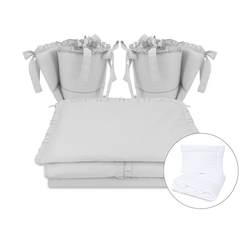MimiNu - Set lenjerie patut cu 6 piese, Cu volanase, Cu pilota si perna, Cu doua aparatori laterale, Din bumbac certificat Oeko Tex Standard 100, Pentru patut 120x60 cm, Colectia Royal, Grey MimiNu - Set lenjerie patut cu 6 piese, Cu volanase, Cu pilota si perna, Cu doua aparatori laterale, Din bumbac certificat Oeko Tex Standard 100, Pentru patut 120x60 cm, Colectia Royal, Grey