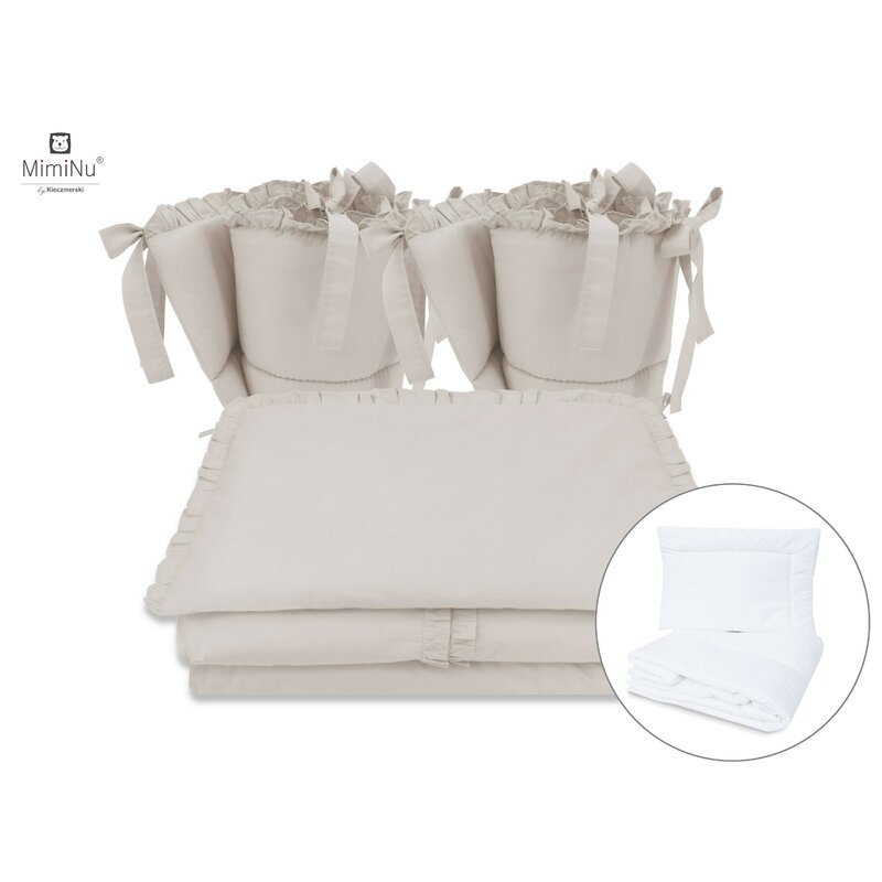 Set lenjerie patut cu 6 piese, Cu volanase, Cu pilota si perna, Cu doua aparatori laterale, Din bumbac, Pentru patut 120x60 cm, Colectia Royal, Beige, MimiNu Set lenjerie patut cu 6 piese, Cu volanase, Cu pilota si perna, Cu doua aparatori laterale, Din bumbac, Pentru patut 120x60 cm, Colectia Royal, Beige, MimiNu