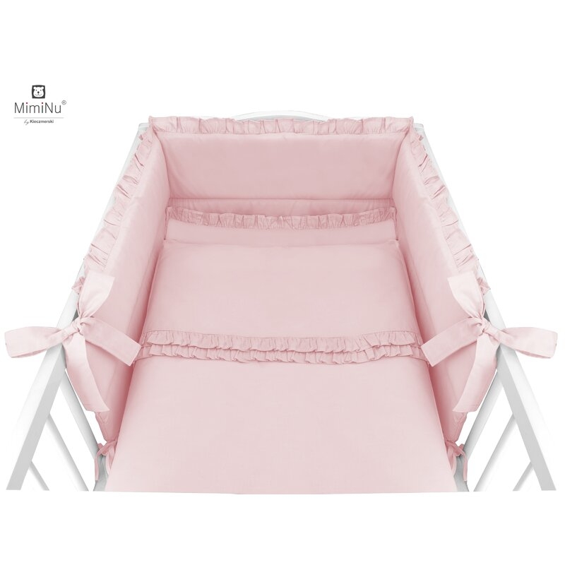 Set lenjerie patut cu 6 piese, Cu volanase, Cu pilota si perna, Cu doua aparatori laterale, Din bumbac, Pentru patut 120x60 cm, Colectia Royal, Powder Pink, MimiNu Set lenjerie patut cu 6 piese, Cu volanase, Cu pilota si perna, Cu doua aparatori laterale, Din bumbac, Pentru patut 120x60 cm, Colectia Royal, Powder Pink, MimiNu