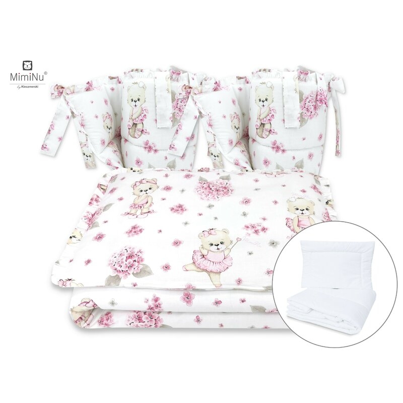 MimiNu - Set lenjerie patut cu 6 piese, Cu volanase, Cu pilota si perna, Cu doua aparatori laterale, Din bumbac, Pentru patut 120x60 cm, Design, Pink Ballerina MimiNu - Set lenjerie patut cu 6 piese, Cu volanase, Cu pilota si perna, Cu doua aparatori laterale, Din bumbac, Pentru patut 120x60 cm, Design, Pink Ballerina