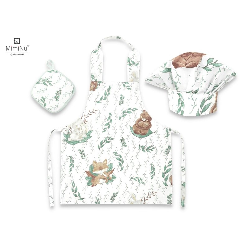 Set Micutul bucatar, Cu sort, o boneta si accesoriu pentru vase calde, Lulu Natural, MimiNu Set Micutul bucatar, Cu sort, o boneta si accesoriu pentru vase calde, Lulu Natural, MimiNu