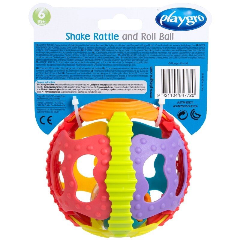 Minge zornaitoare, Playgro, Cu diverse forme si texturi, 6 luni+, Shake Rattle & Roll Ball