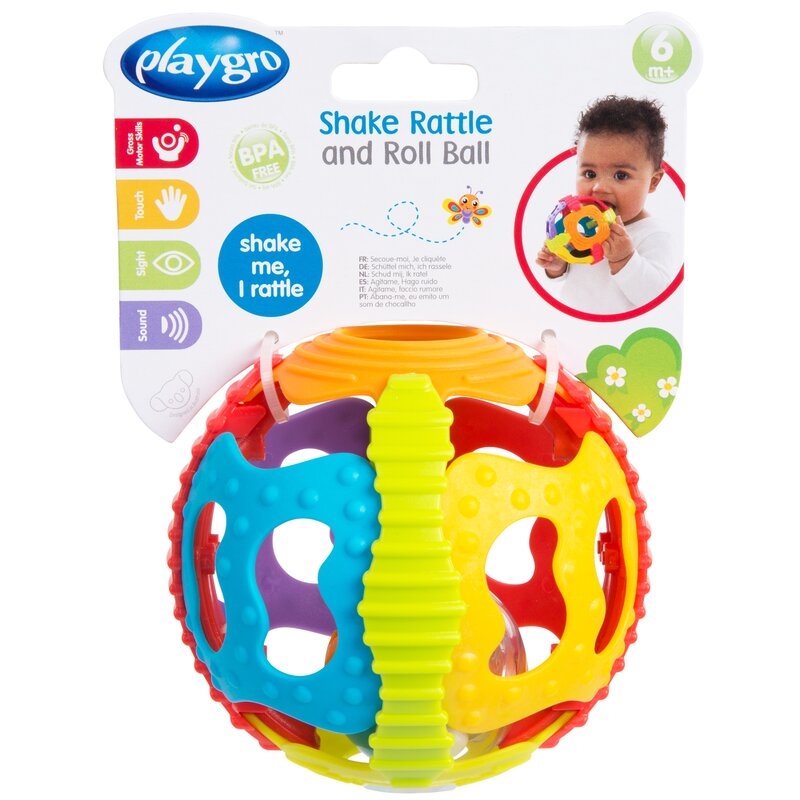 Minge zornaitoare, Playgro, Cu diverse forme si texturi, 6 luni+, Shake Rattle & Roll Ball