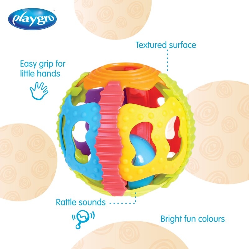Minge zornaitoare, Playgro, Cu diverse forme si texturi, 6 luni+, Shake Rattle & Roll Ball