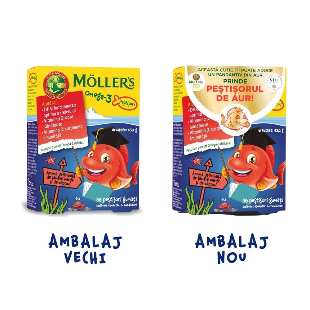 Pestisori gumati cu Omega-3 aroma de lamaie verde si capsuni, 36 jeleuri, Moller's Pestisori gumati cu Omega-3 aroma de lamaie verde si capsuni, 36 jeleuri, Moller's
