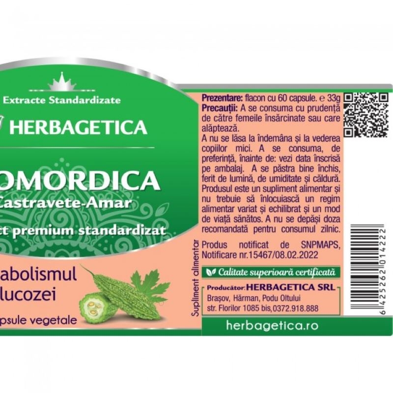Momordica extract de castravete amar, 60 capsule, Herbagetica Momordica extract de castravete amar, 60 capsule, Herbagetica