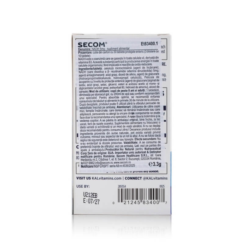 NADH 5 mg Kal, 30 tablete, Secom NADH 5 mg Kal, 30 tablete, Secom
