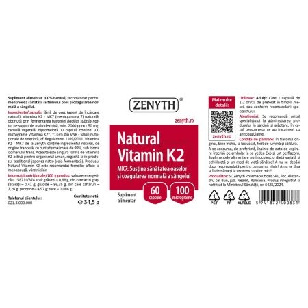 Natural Vitamin K2 100 micrograme, 60 capsule, Zenyth Natural Vitamin K2 100 micrograme, 60 capsule, Zenyth