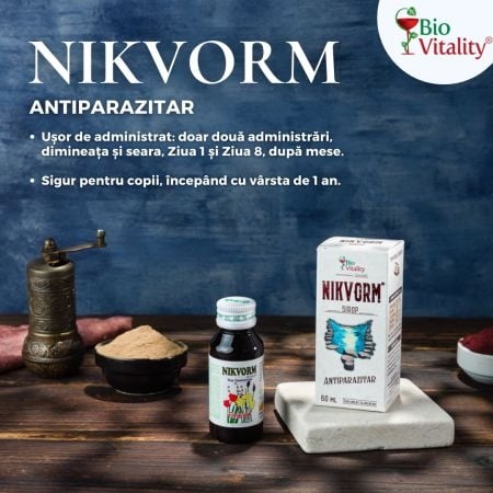 Sirop pentru eliminarea parazitilor intestinali Nikvorm, 60 ml, BioVitality Sirop pentru eliminarea parazitilor intestinali Nikvorm, 60 ml, BioVitality