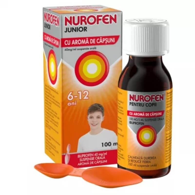 Nurofen Junior sirop cu aroma de capsuni, 6-12 ani, 40mg/ml, 100 ml, Reckitt Benckiser Nurofen Junior sirop cu aroma de capsuni, 6-12 ani, 40mg/ml, 100 ml, Reckitt Benckiser
