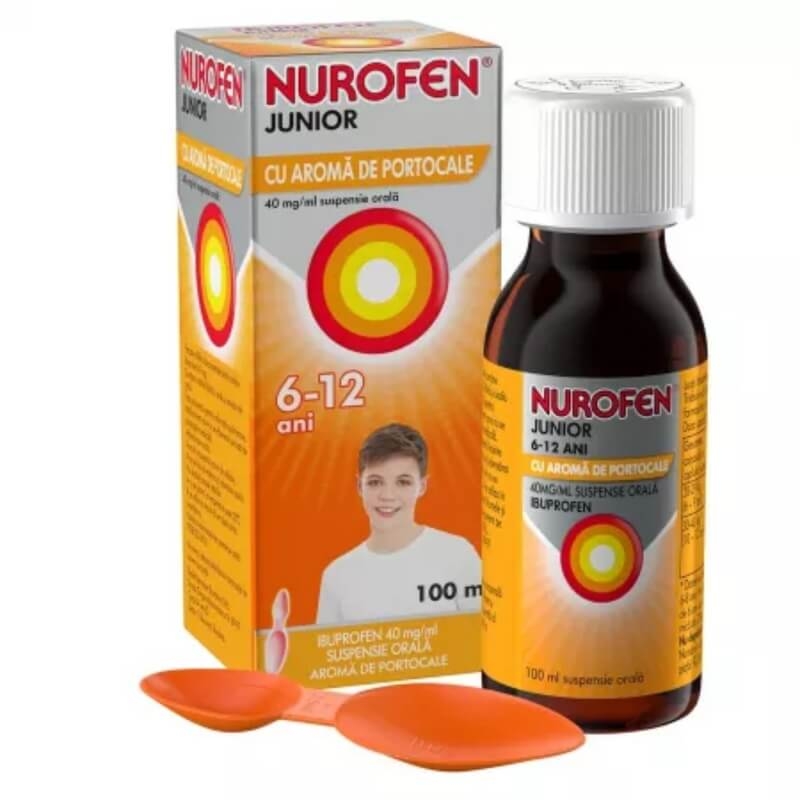 Nurofen Junior sirop cu aroma de portocale, 6-12 ani, 40 mg/ml, 100 ml, Reckitt Benckiser Nurofen Junior sirop cu aroma de portocale, 6-12 ani, 40 mg/ml, 100 ml, Reckitt Benckiser