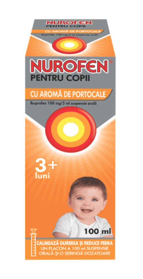 Nurofen sirop pentru copii 3+ luni cu aroma de portocale, 100 mg/5 ml, 100 ml, Reckitt Benckiser Nurofen sirop pentru copii 3+ luni cu aroma de portocale, 100 mg/5 ml, 100 ml, Reckitt Benckiser