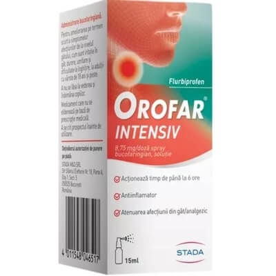 Orofar Intensiv, 8,75 mg/ doza spray bucofaringian, solutie, 15 ml, Stada Orofar Intensiv, 8,75 mg/ doza spray bucofaringian, solutie, 15 ml, Stada